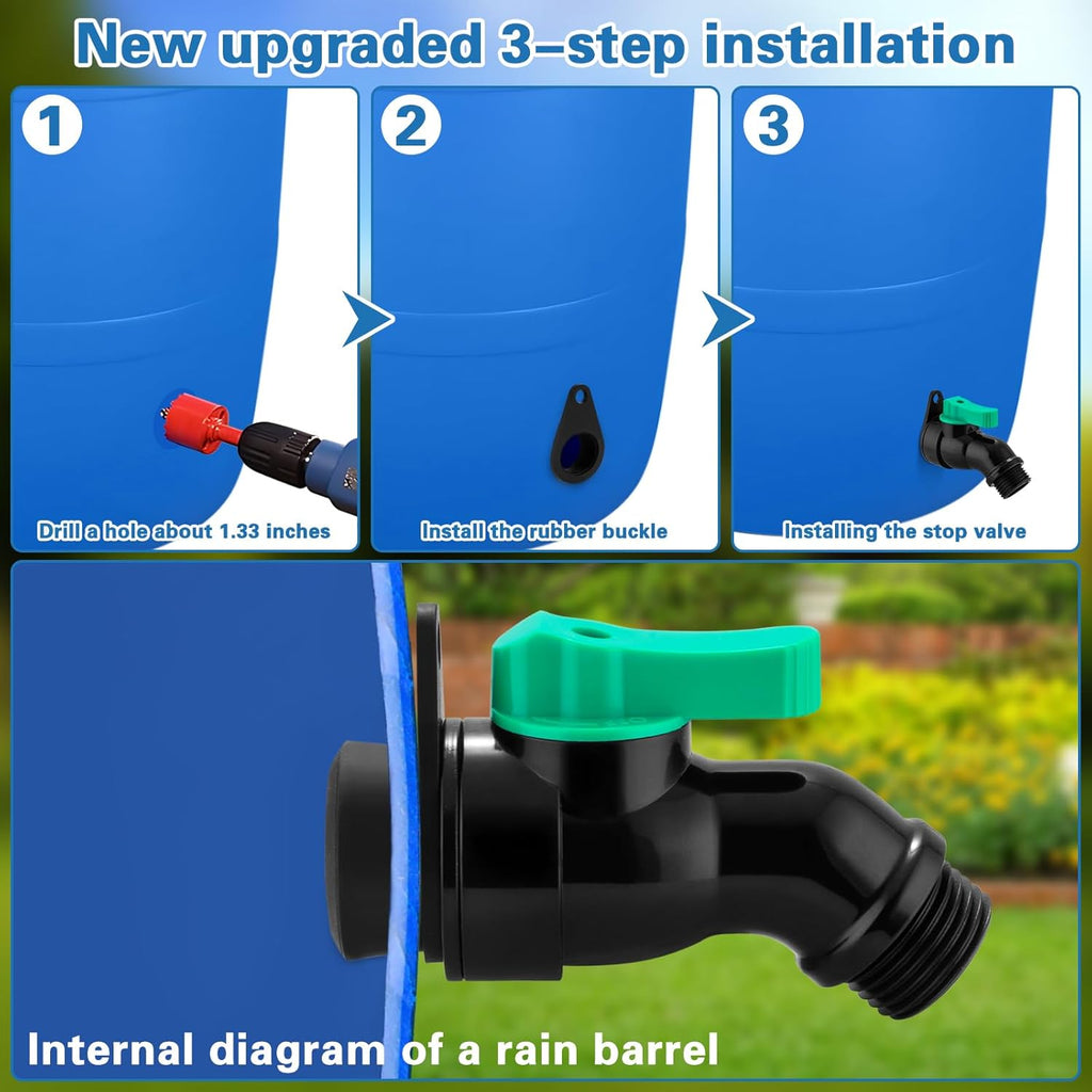 Rain Barrel Spigot Kit with High Flow Valve No Inside Access Needed,External Installation 3/4" NPT to 3/4" GHT Faucet for Plastic WaterTanks,Buckets,Rainwater Drums & Downspout Collectors