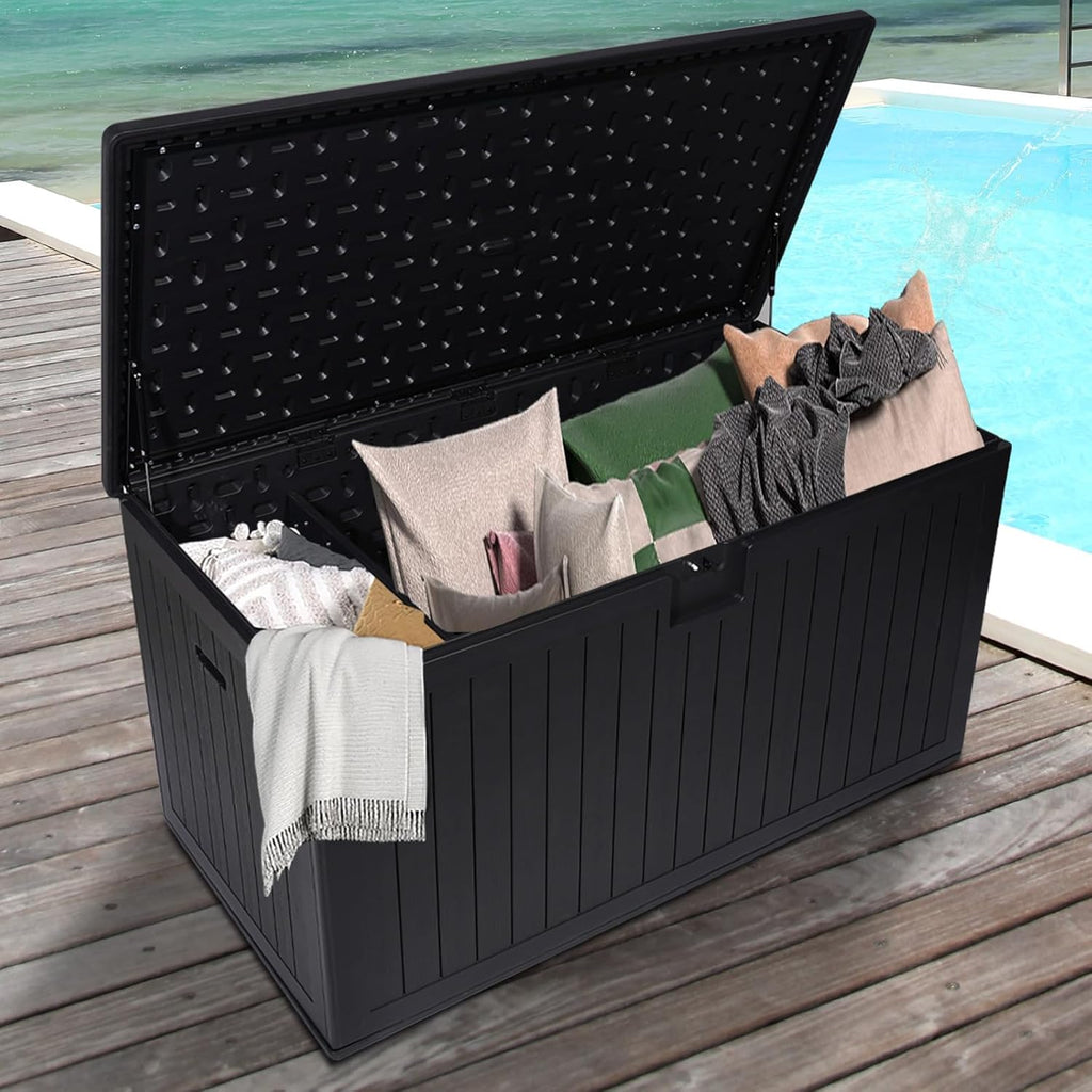 KUIKUI 288 Gallon Waterproof Deck Box, Outdoor Storage Box Waterproof Lockable with Divider and Lifter Prevent Water Seeping into from Floor for Patio Cushions