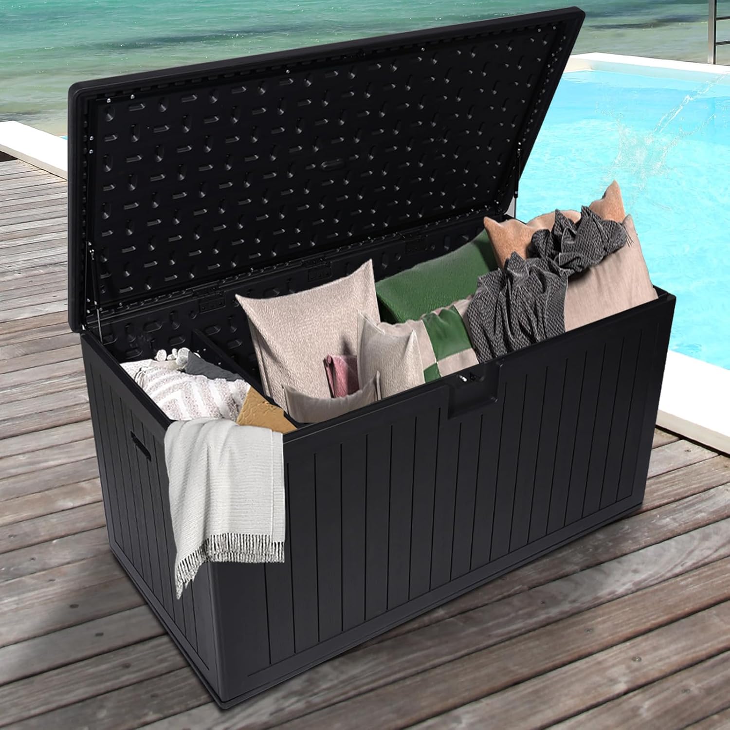 KUIKUI 288 Gallon Waterproof Deck Box, Outdoor Storage Box Waterproof Lockable with Divider and Lifter Prevent Water Seeping into from Floor for Patio Cushions