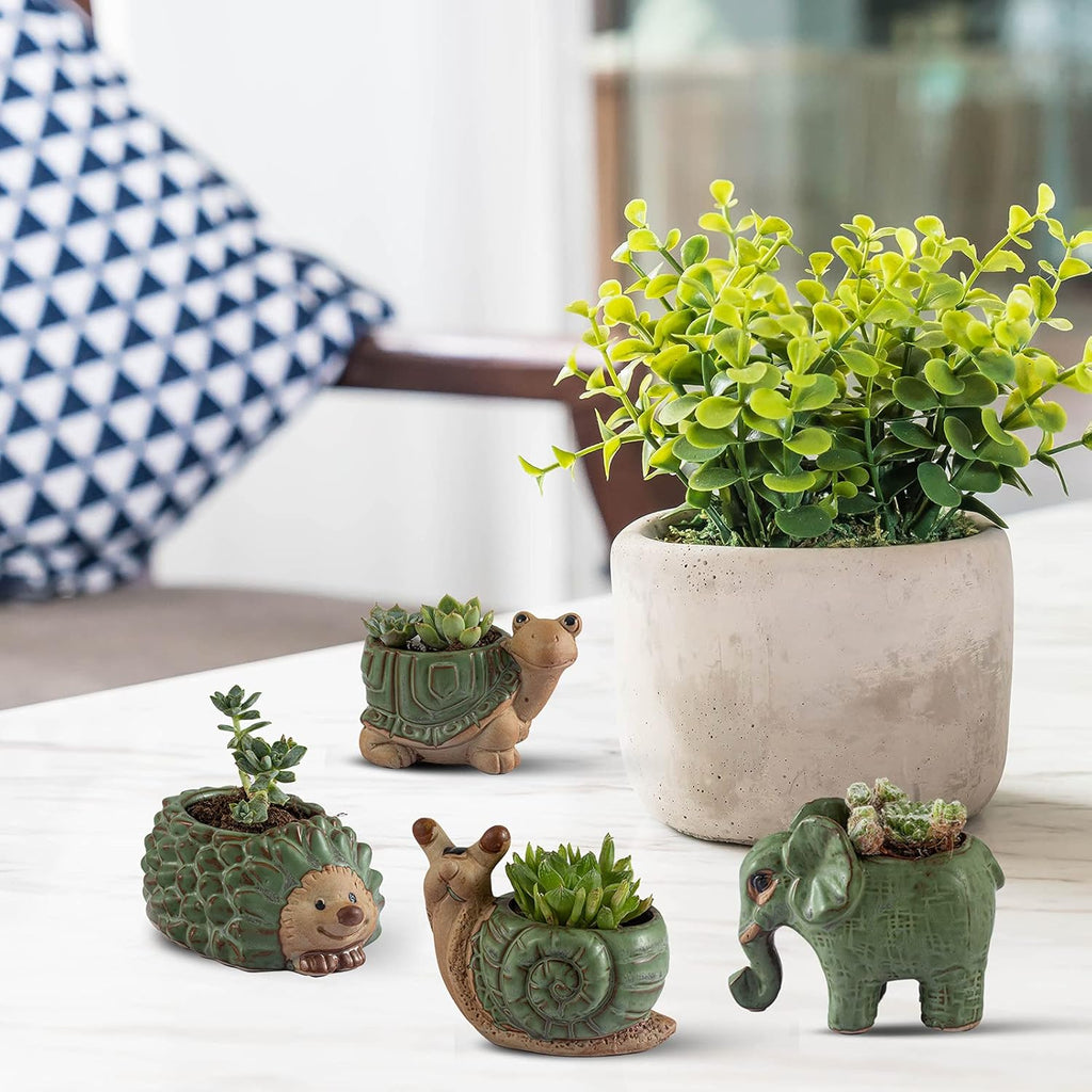 Small Succulent Pots with Drainage, Indoor/Outdoor Ceramic Animal Planter, Cute Cactus/Bonsai Small Flower Pots for Home Decor and Office Desk Decoration, A Set of 4 Pieces is Suitable as A Gift