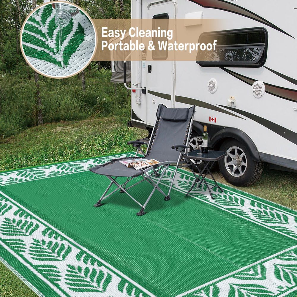 Outdoor Plastic Rug 6'x9' Waterproof Camping Carpet Outside Area Rug Reversible Green Rugs for RV Deck Entryance Porch Picnic Balcony Beach