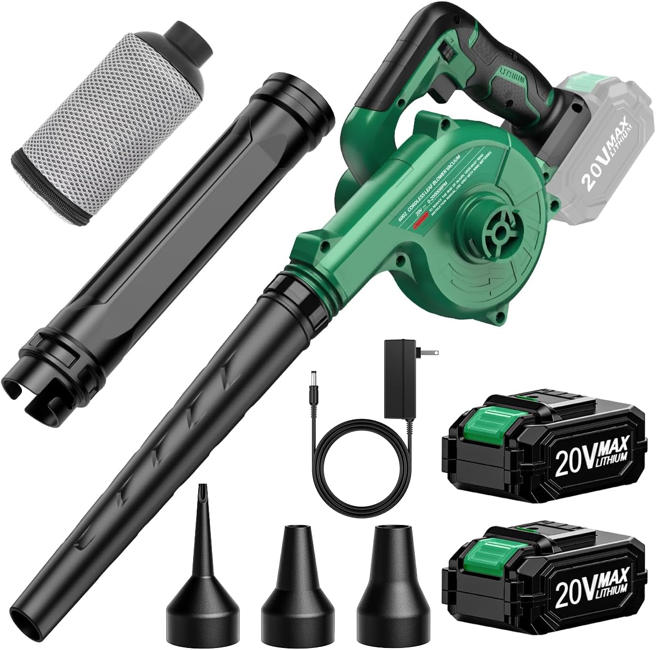 K I M O. Cordless Leaf Blower Vacuum Combo 4 in 1, 3 Nozzles &3 Modes for Inflation & Deflation, Extended Tube & Variable Speed, 20000RPM 150MPH, 2x2000mAh Battery Powered Leaf Blowers for Lawn Care