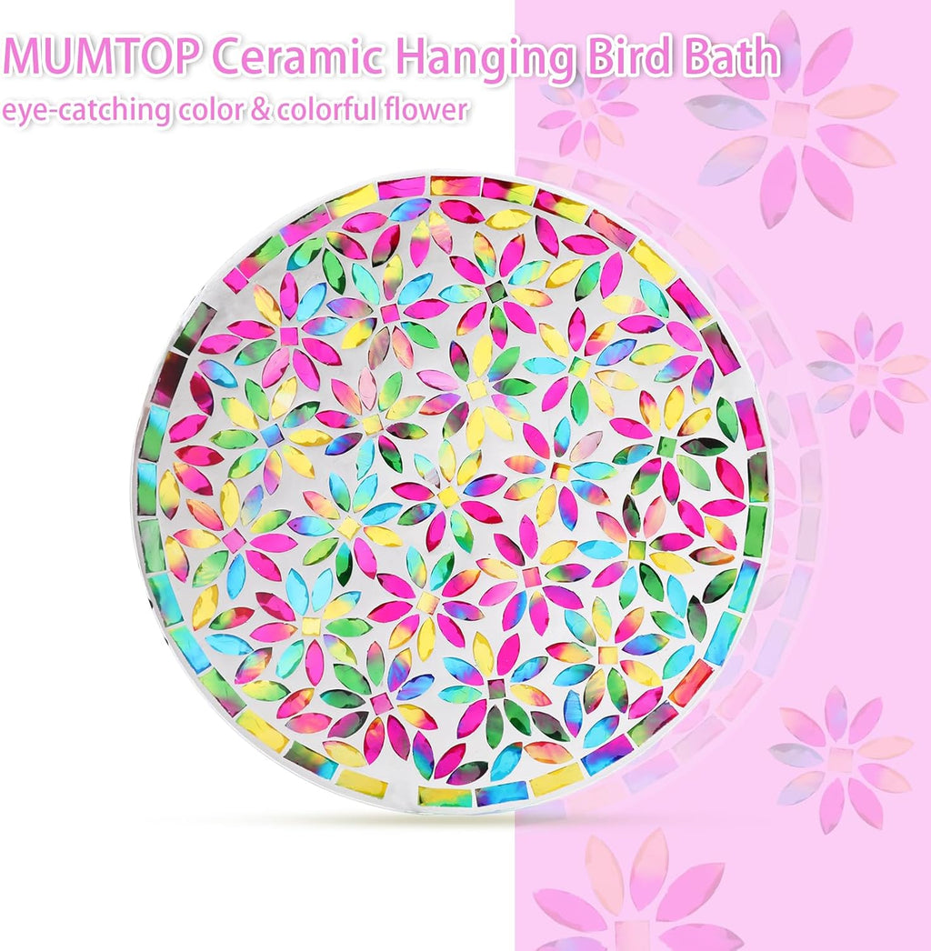 MUMTOP Mosaic Hanging Bird Bath-Bird Baths for Outdoors - 12 Inch Glass Birdbath Bird Water Bowl Bird Feeders for Outside, Garden, Lawn Yard Decor（Colorful Flower）