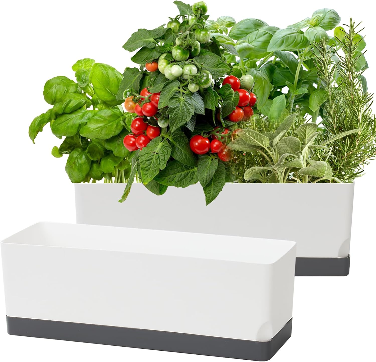 Self Watering Planters Pots for Indoor Plants, 2 Pack 17 Inch Plastic Planter Box Flower Pots for Indoor Outdoor Plants, Rectangle Herb Planter Window Boxes Planters with Drainage, Dark Gray Tray