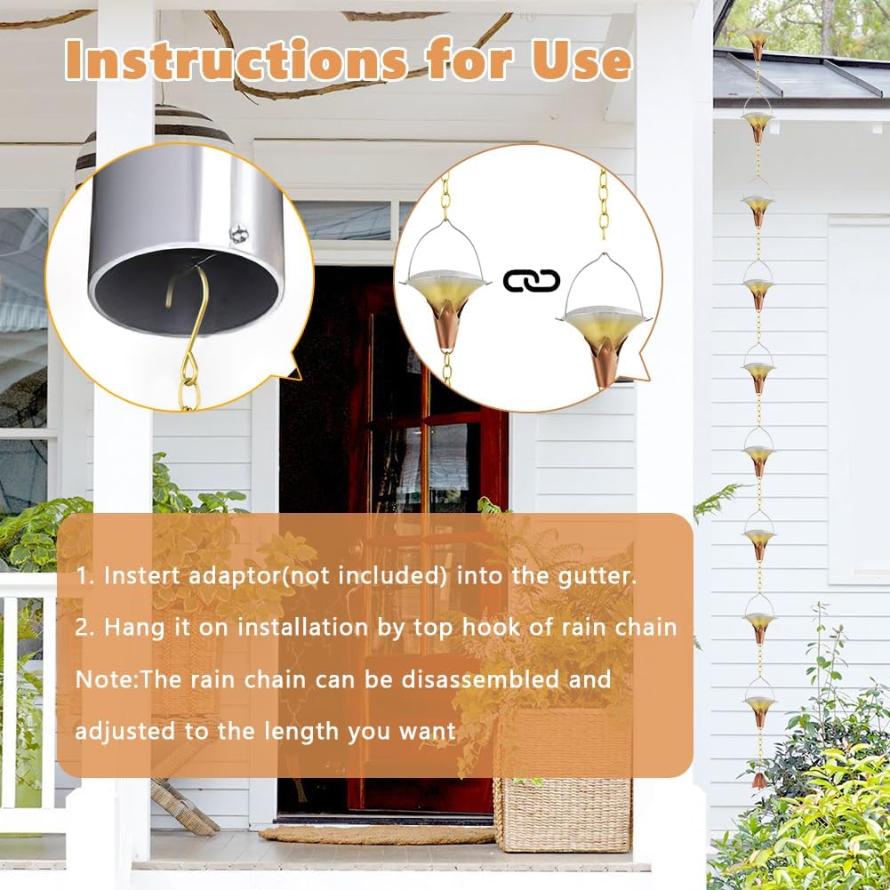 8.5 FT Rain Chain, Metal Rain Gutter Chains with 10 Morning Glory Shaped Cups, Adjustable Metal Rain Catcher Chain for Eaves Drainage, Replacement for Downspout