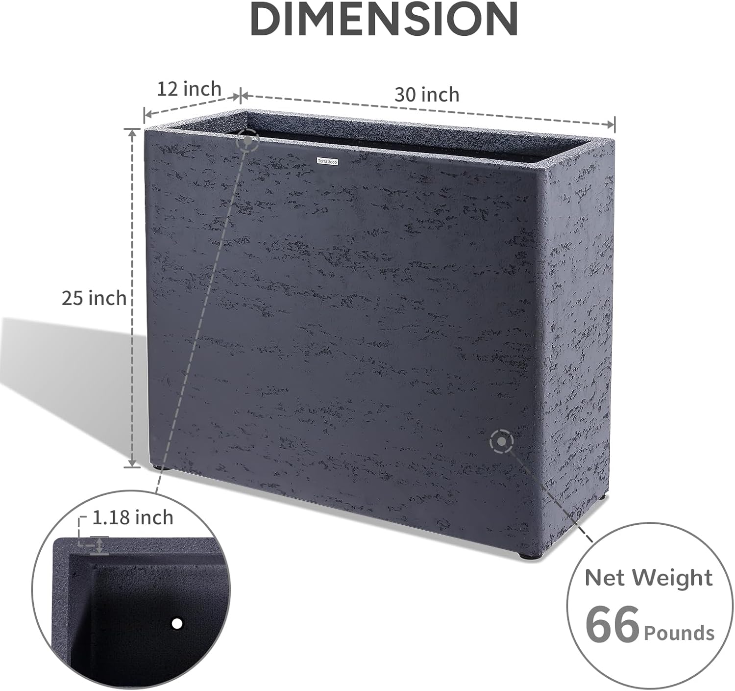 Tall Rectangular Composite ConcretePlanter（30Lx12Wx25H，66 Pounds）,Durable All-Weather Use with Drainage Holes,Large Rectangular Planter for Outdoor Indoor Plants