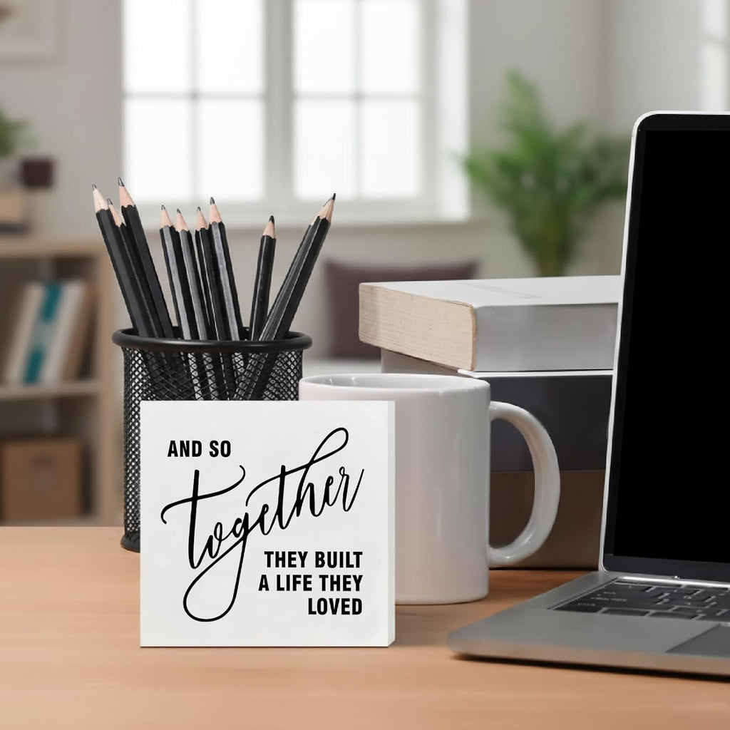 Family Decor, Together They Built A Life Rustic Farmhouse Wooden Box Sign, Family Home Decorations for Living Room Bedroom Desk Table Shelf