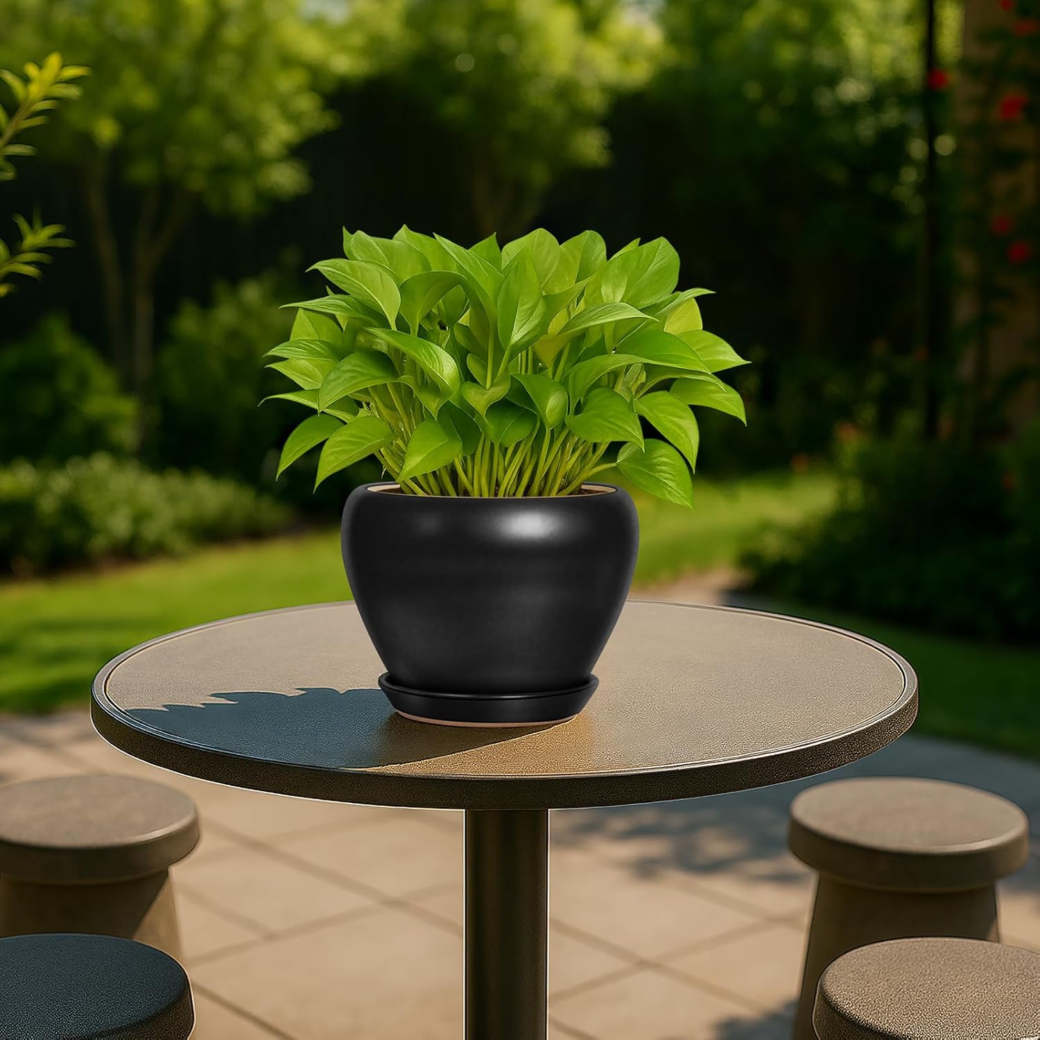 6 Inch Plant Pot - Ceramic Planter with Drainage Hole and Trays, Modern Round Flower Pot, Planters for Indoor Outdoor Plants, Home Garden Decor, Black