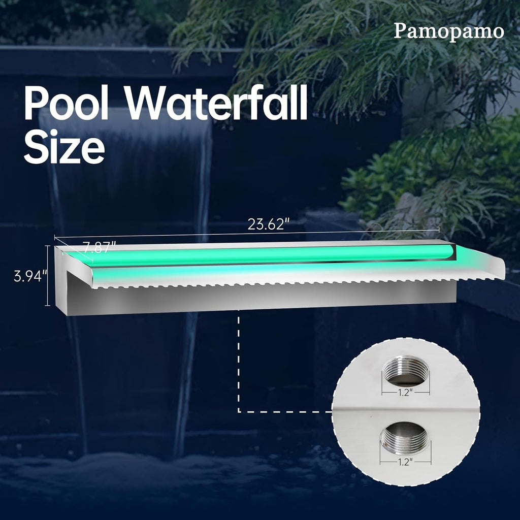 Pond Waterfall Spillway Stainless Steel Pool Fountain, APP Control LED Lighted Waterfalls Kit, Outdoor Water Flow Waterfalls Kit for Garden Patio Koi Pond Decoration-23.6"x7.8"x3.9"