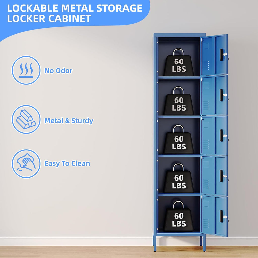 METAN Metal Storage Employees Locker with 5 Lockable Doors,Locking Storage Cabinets for Small Spaces,Home,School,Gym,Assembly Required,Blue