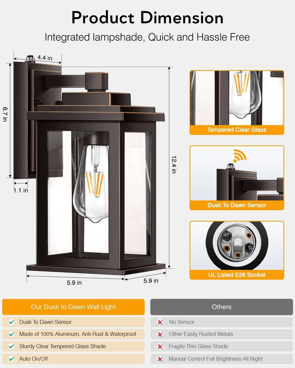 VIANIS Oil Rubbed Bronze Dusk to Dawn Outdoor Lights, Anti-Rust Aluminum Outside Lights for House, Modern Waterproof Hardwired Outdoor Wall Sconce for Porch, Garage, Front Door, Easy-to-Install