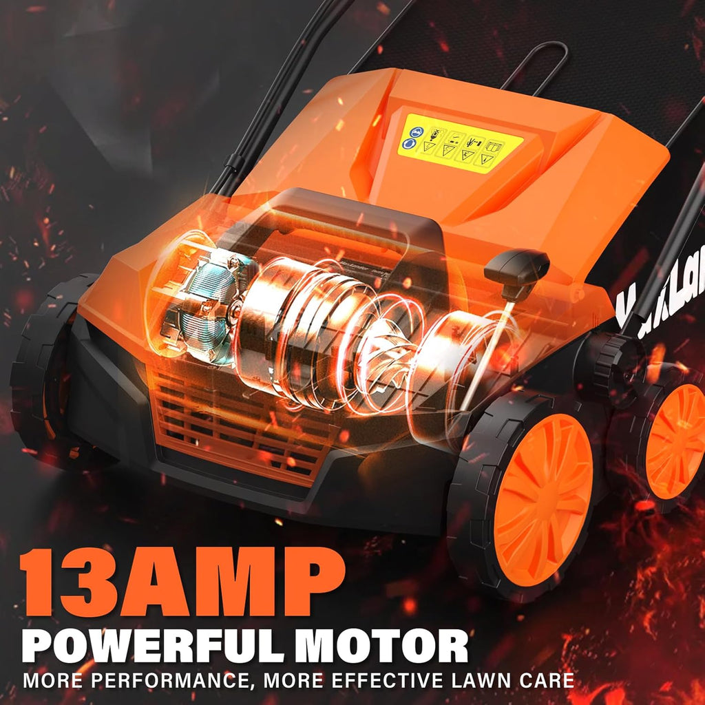 MAXLANDER 15” 13 Amp Electric Dethatcher and Scarifier, 2-in-1 Lawn Dethatcher with 5-Position Depth Adjustment, 45L Removable Collection Bag, Airboost Technology Increases Lawn Health