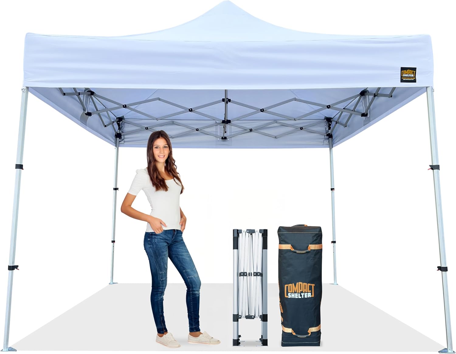 10x10 Heavy Duty Pop Up Canopy - EZ Up, Commercial Grade Aluminum Frame, 42” Folded Frame Height, UPF 50+, Adjustable Portable Tent for Beach, Events, Camping, Roller Bag (White)