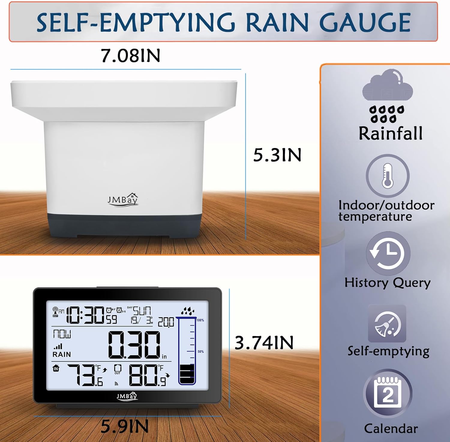 Digital Rain Gauge Outdoor with Thermometer, Self-Emptying Wireless Rain Gauges Outdoors Best Rated, High Precision Electronic Remote Rain Collector, Freeze Proof Automatic Rain Measure Gauge for Yard
