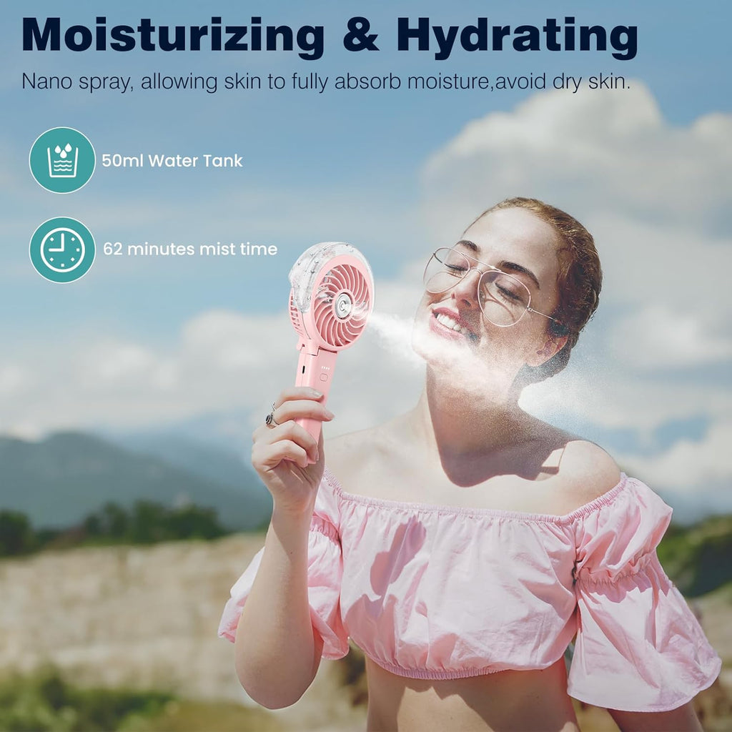 HandFan 4000mAh Handheld Misting Fan, 50ml Water Tank, Rechargeable Personal Mister Fan Portable AC, Spray Water Mist Fans, Foldable Cooling Ice Fans for Beach Travel Outdoors(Pink)