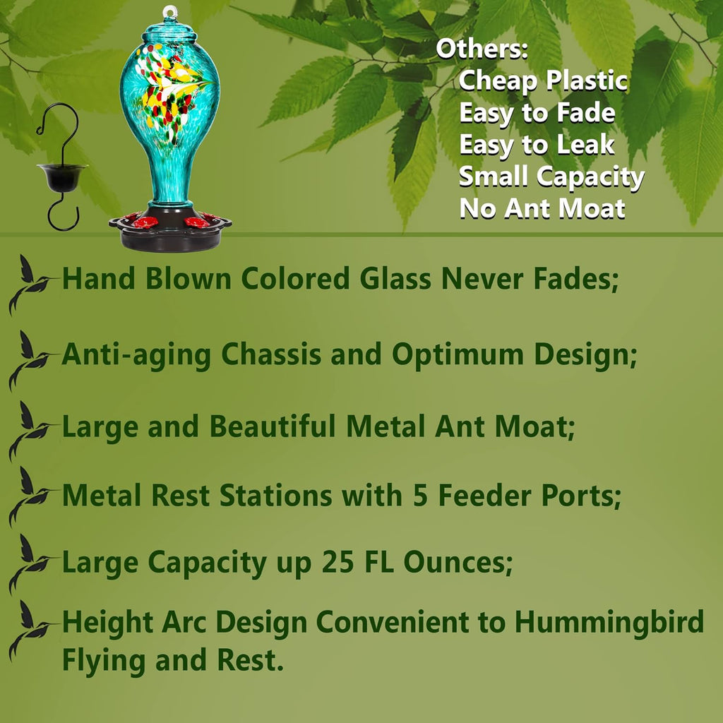 LUJII Hummingbird Feeder for Outdoors, Hand Blown Glass Humming Bird Feeder, Anti Fade Leakproof with 25 Ounces Nectar Capacity, Easy to Install Clean Refill, Include Hook & Ant Moat (Teal)