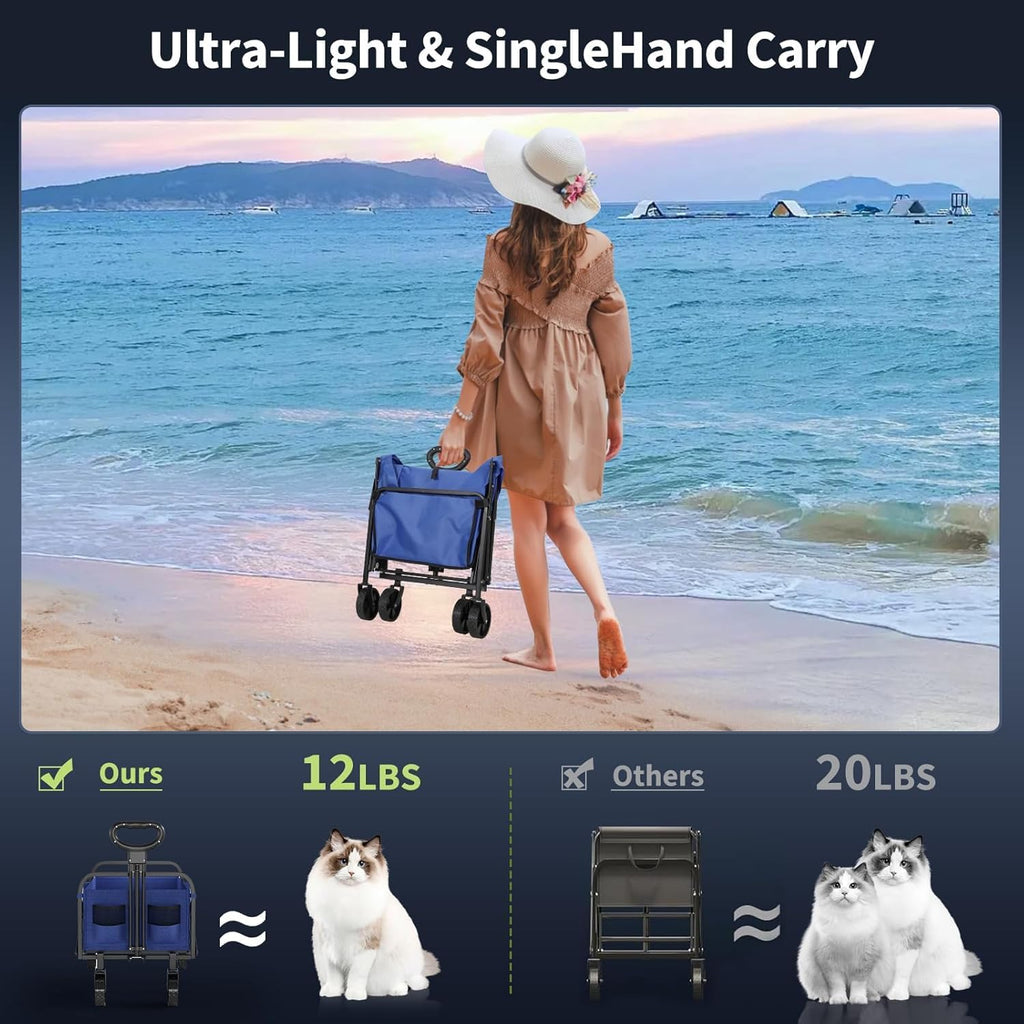 Foldable Wagon Cart, 380LBS Capacity Collapsible Wagon with All-Terrain Wheels, 220L Foldable Utility Cart & Grocery Cart on Wheels, Portable Lightweight 12LBS for Outdoor, Beach, Garden (Blue)