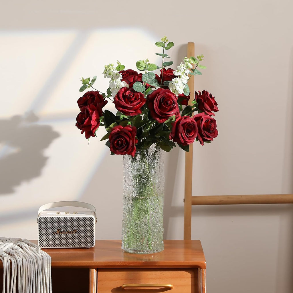 Hawesome 12PCS Artificial Silk Flowers Realistic Roses Bouquet Long Stem for Home Wedding Decoration Party (Wine Red 1)