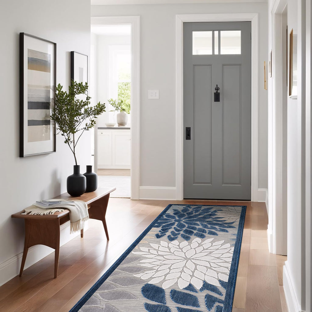 Beverly Rug Outdoor Runner Rug 2x7 Modern Floral Tropical Area Rugs for Indoor and Outdoor Patio Easy to Clean Non Shedding Living Room Porch Garden Washable Outside Carpet (2 x 7 Blue)