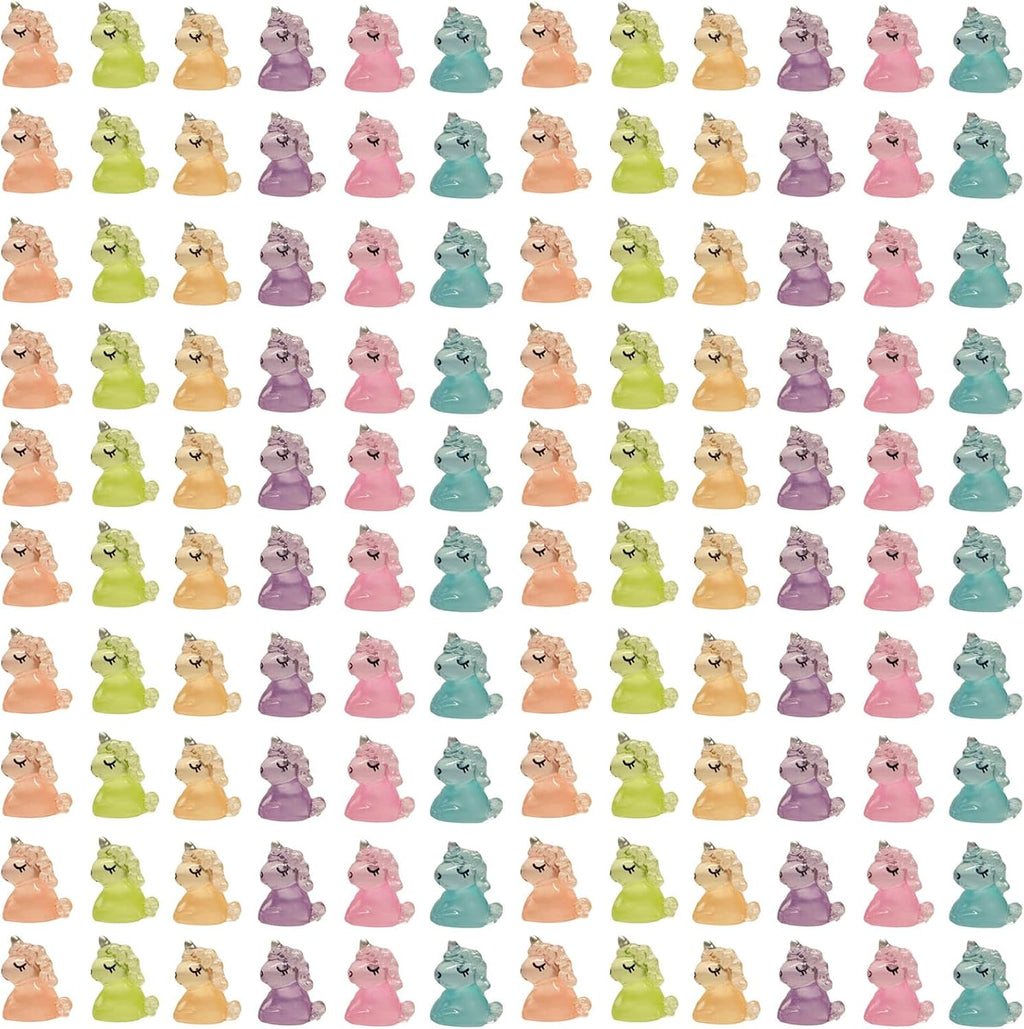 100 PCS Mini Resin Unicorn Luminous Tiny Unicorn Miniature Figurines,Micro Fairy Ornaments Glow in The Dark Mini Resin Animals for Garden, Landscape,Aquarium,Dollhouse,Birthday Party,Room Crafts Decor