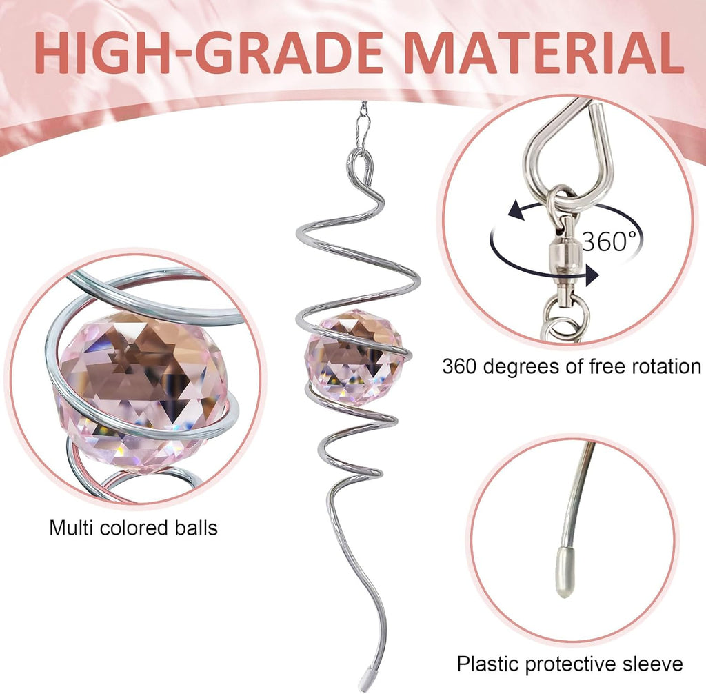 Gazing Ball Spiral Tail with Pink Crystal Orb | Sparkling Wind Spinner Stabilizer, Sun Catcher Rainbow Maker, Hanging Indoor/Outdoor Garden Decor & Gift Gift for Mom Grandma, 13" Height