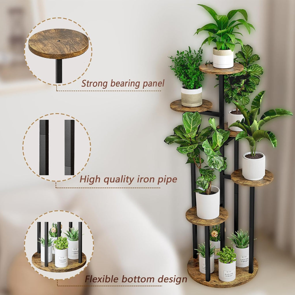 Plant Stand Indoor 6 Tier 9 Potted Multiple Flower Pot Holder for Patio Garden Balcony Living Room Corner (6 Tier Black+Rustic Brown)
