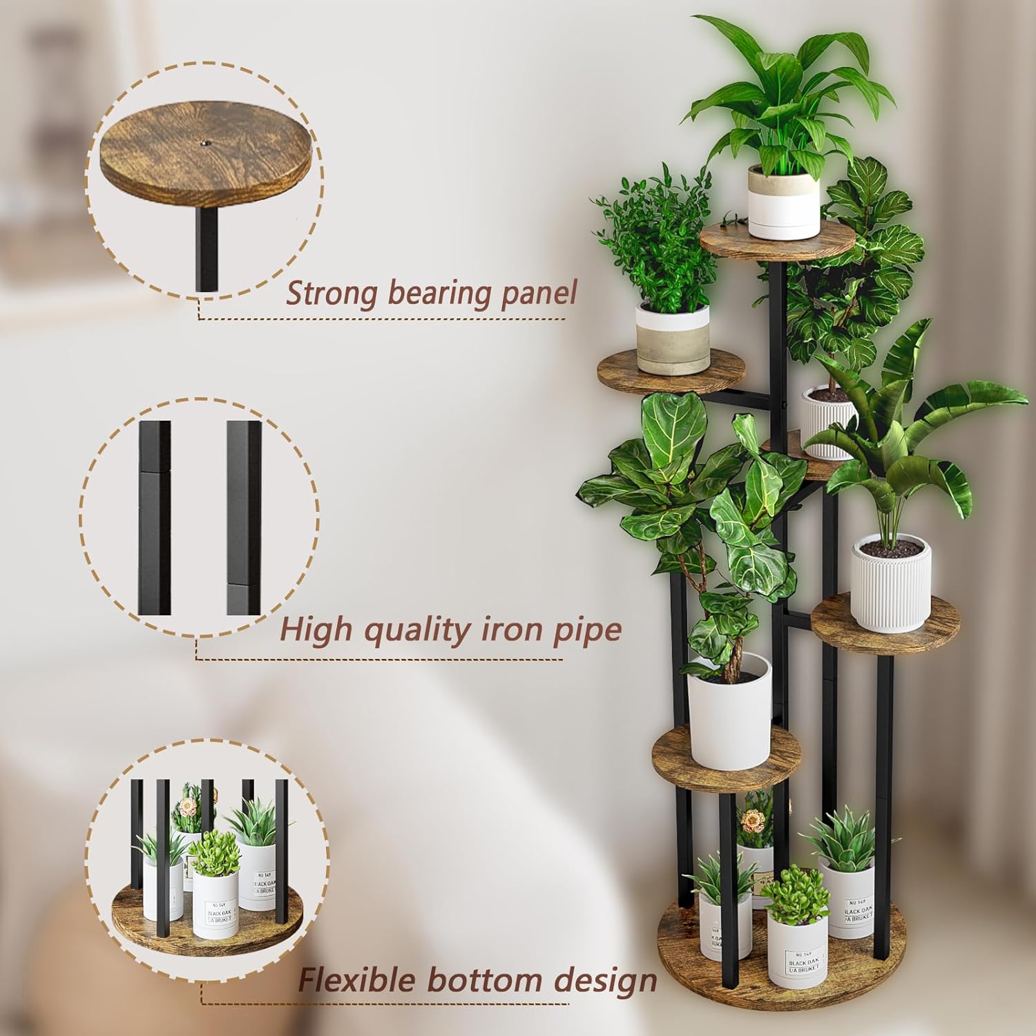 Plant Stand Indoor 6 Tier 9 Potted Multiple Flower Pot Holder for Patio Garden Balcony Living Room Corner (6 Tier Black+Rustic Brown)
