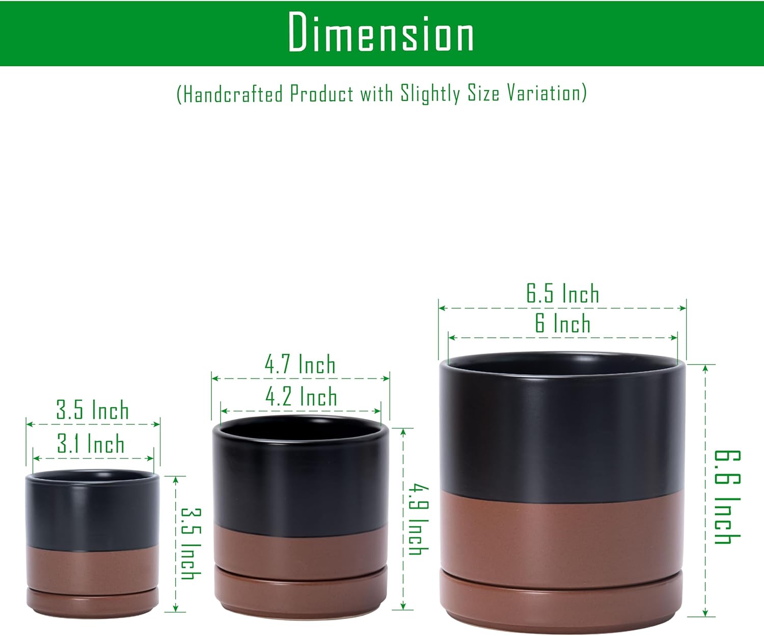 D'vine Dev 3 Inch & 4 Inch & 6 Inch, Set of 3 Round Ceramic Planter Pot with Drainage Hole and Saucer, Black/Speckled Tan, 94-T-S-7