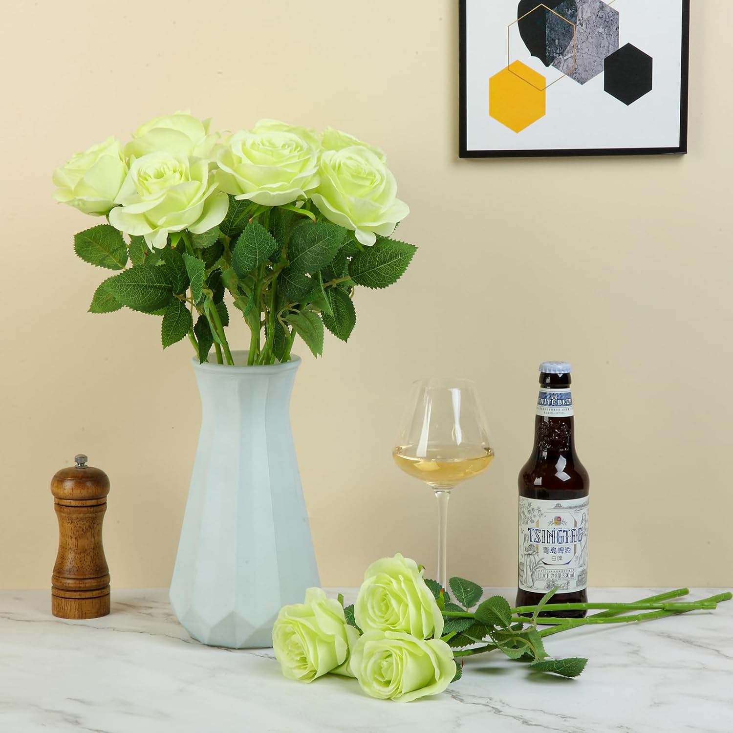 12pcs Light Green Roses Artificial Flowers Fake Roses Silk Flowers Roses with Long Stems for Wedding Home Party Centerpieces Decorations