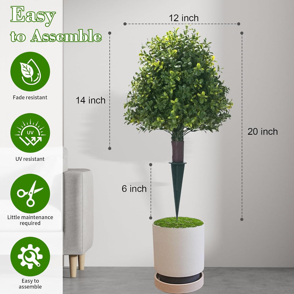 Artificial Boxwood Ball Trees with Ground Spike, 20" UV Resistant Artificial Shrubs, Fake Evergreen Artificial Plant Brush for Indoor Outdoor Front Porch Garden, 1 Pack