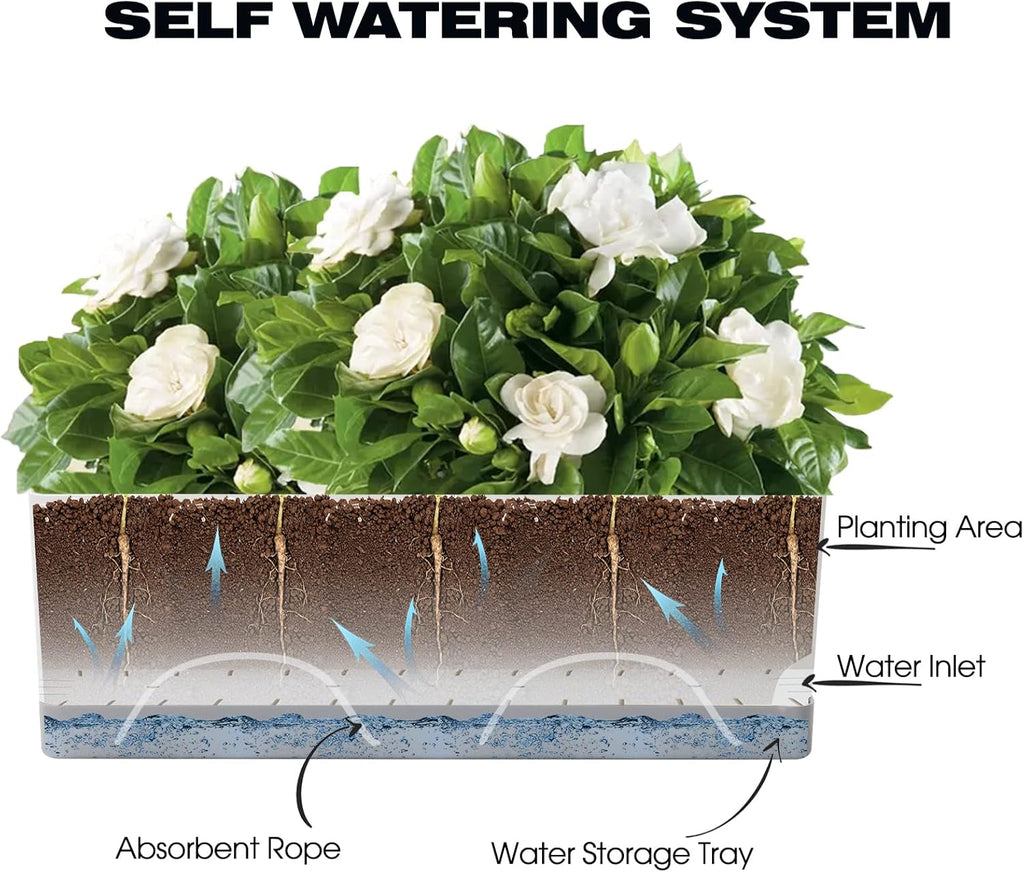 Self Watering Planters Pots for Indoor Plants, 7 Pack Plastic Planter Box Flower Pots for Indoor Outdoor Plants, Rectangle Herb Planter Window Boxes Planterswith Drainage, Light Gray Tray