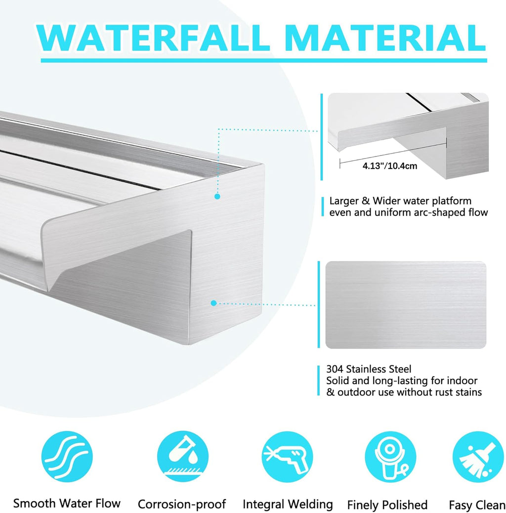 Waterfall Spillway Fountain 304 Stainless Steel Water Pool Fountain with Wider Water Flow Platform,Pool Waterfall for Outdoor Garden and Patio Decorations(35.5 Inch)