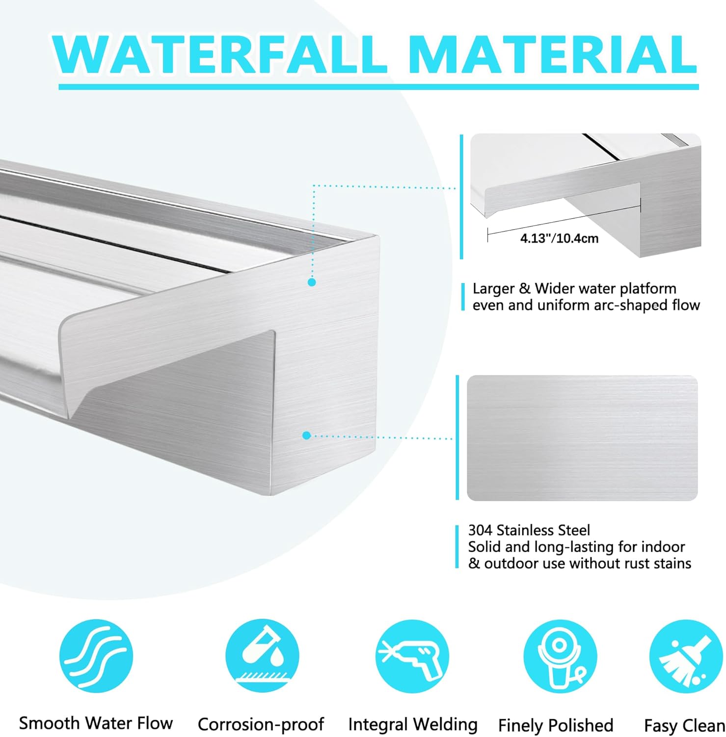 Waterfall Spillway Fountain 304 Stainless Steel Water Pool Fountain with Wider Water Flow Platform,Pool Waterfall for Outdoor Garden and Patio Decorations(35.5 Inch)