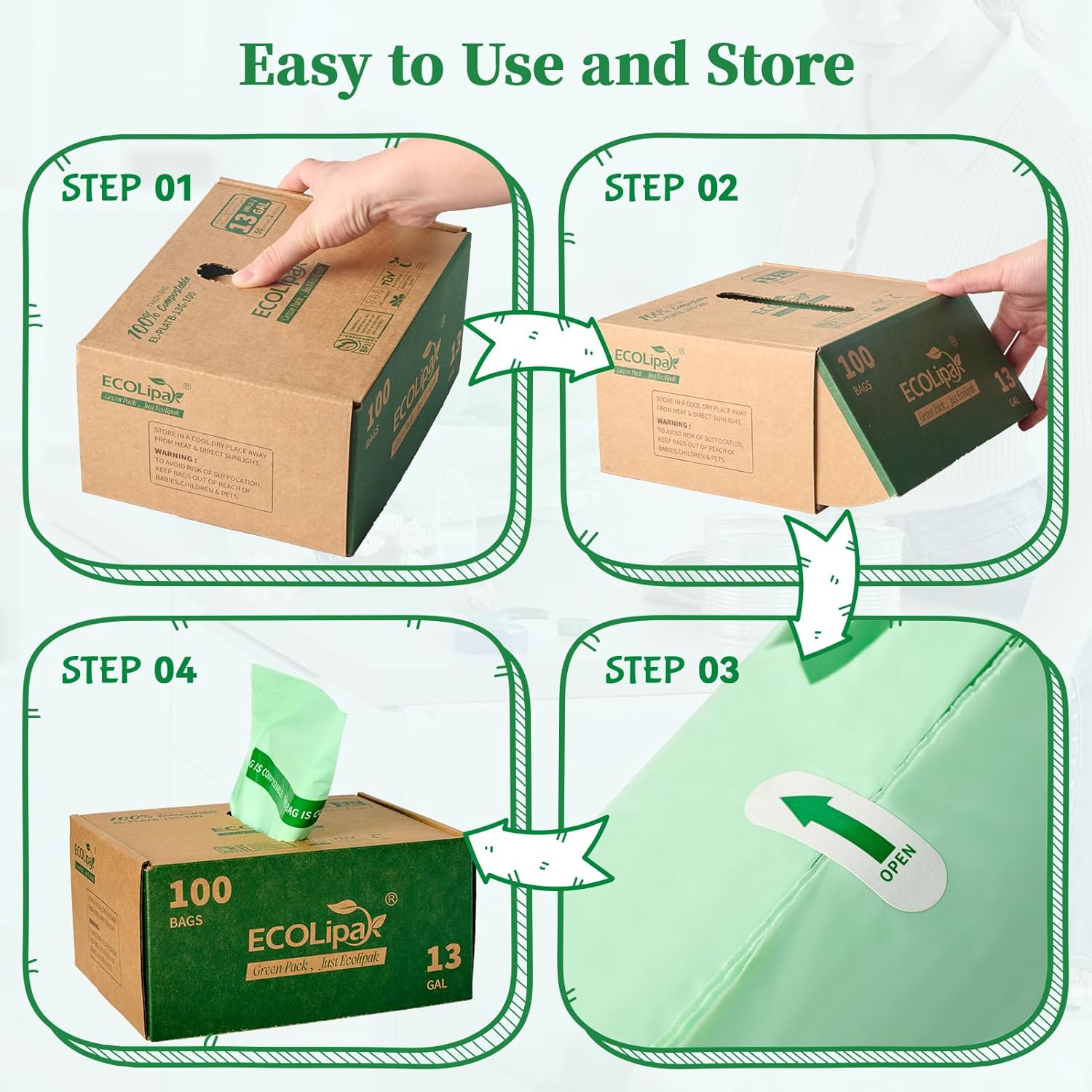 ECOLipak 13 Gallon Compostable Trash Garbage Bags, 100 Count (2 Rolls) Biodegradable Heavy Duty Bathroom Kitchen Trash Bags for Home/Office, US BPI ASTM D6400 and OK Compost Home Certified