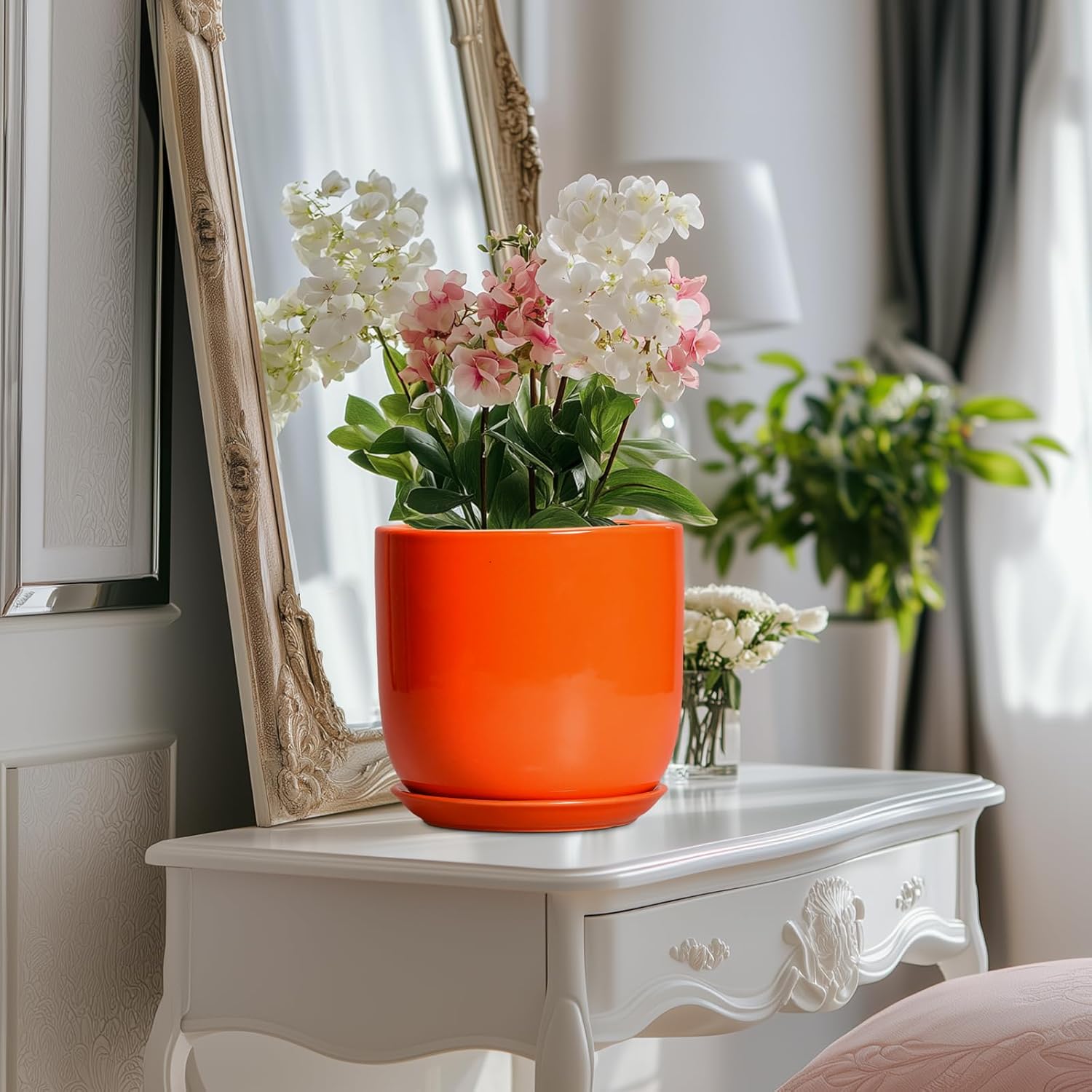 Ceramic Pot for Plants - 8 Inch Plant Pot with Drainage Hole and Saucer, Cylinder Modern Round Planter for Indoor Outdoor Plants, Housewarming Gifts, Office Home Garden Decor, Orange