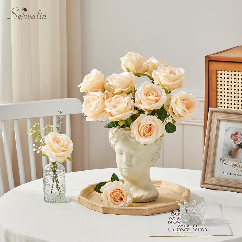 Serwalin 20pcs Artificial Roses, 4'' Big Flower Head, Champagne Velvet Silk Roses, Fake Roses Long Stem Realistic Bouquet for Wedding Table Centerpiece