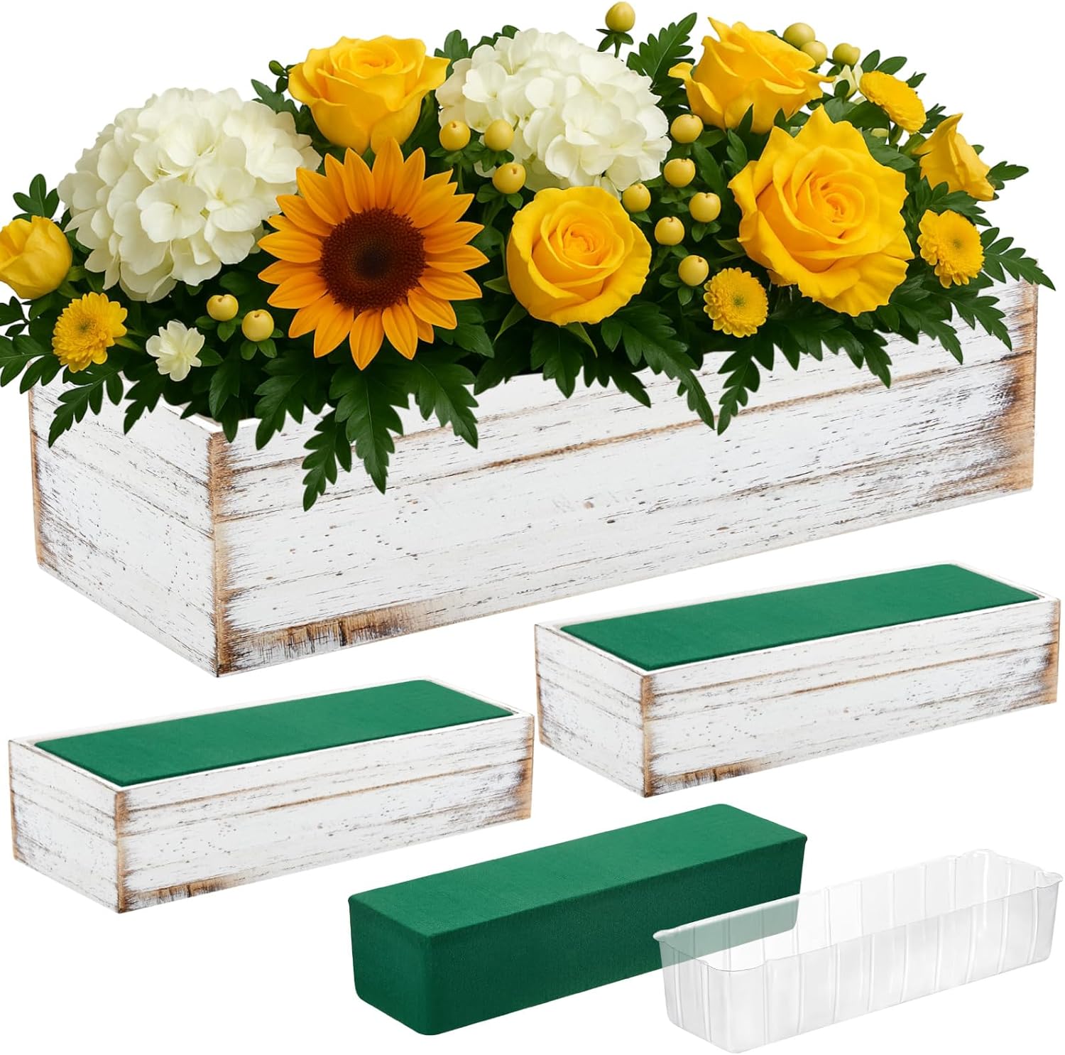 Dandat 3 Set Wood Boxes for Centerpieces 12x4 Inch Rectangle Wooden Planter Box Rustic Wooden Planters with Removable Plastic Liner Floral Foam Blocks for Home Wedding Garden Decor