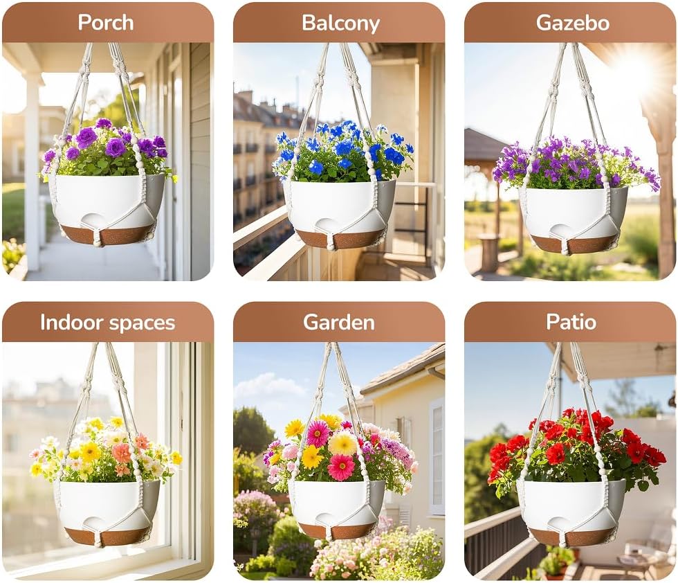 12 Inch Hanging Baskets for Plants Outdoor, Hanging Planters for Indoor Outdoor Plants, Hanging Planter with Self Watering, Hanging Flower Pots (White Planter with Macrame + Iron Hangers)