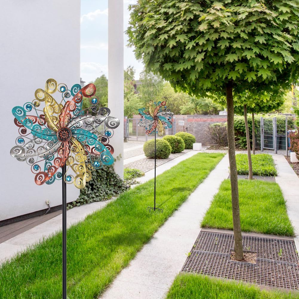 DREAMSOUL Metal Wind Spinners Outdoor, Wind Spinners for Yard and Garden with 5 Stable Stake, Double Kinetic Wind Spinner for Patio, Lawn & Garden Decor 63 * 13 Inches
