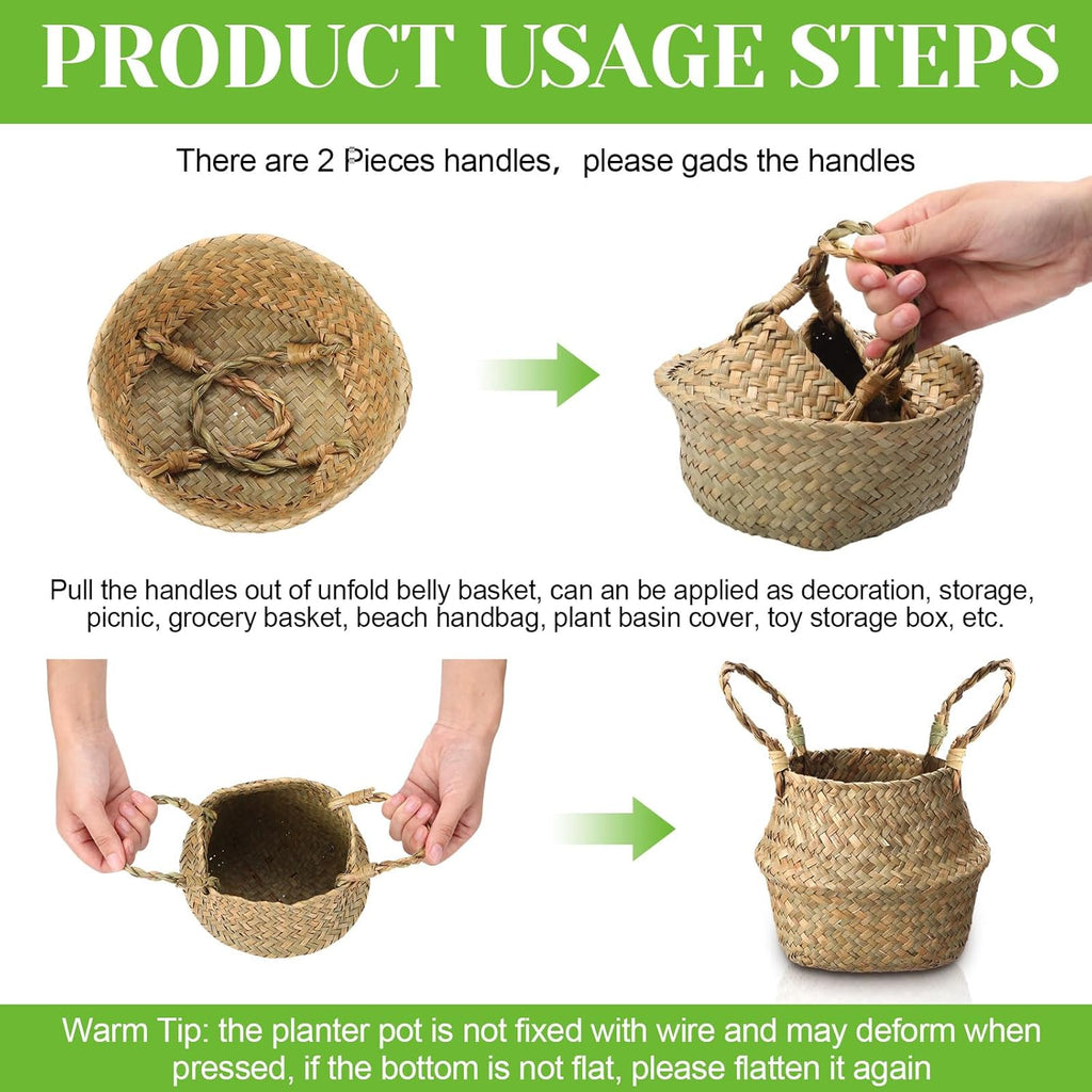 Qunclay 4 Pcs Woven Seagrass Baskets Belly Basket Folding Boho Natural Plant Pot with Handles Round Decorative Wicker Large Indoor Planter for Home Outdoor Tree Planters Decor (6.3 x 5.9 Inch)