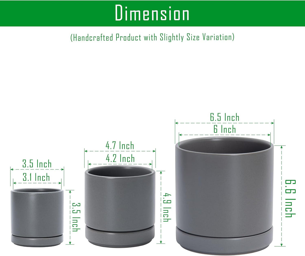 D'vine Dev 3 Inch & 4 Inch & 6 Inch, Set of 3 Round Ceramic Planter Pot with Drainage Hole and Saucer, Grey, 94-T-S-3