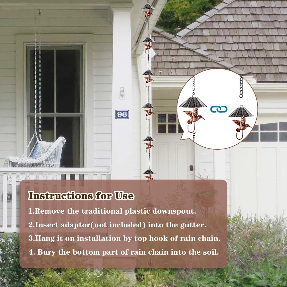 9.54 FT Rain Chain, Umbrella-Shaped Rain Chain for Outside with 10 Cups & Hummingbird Decor, Adjustable Rain Catcher Chain for Gutters, Eaves, Drainage, Replacement for Downpout