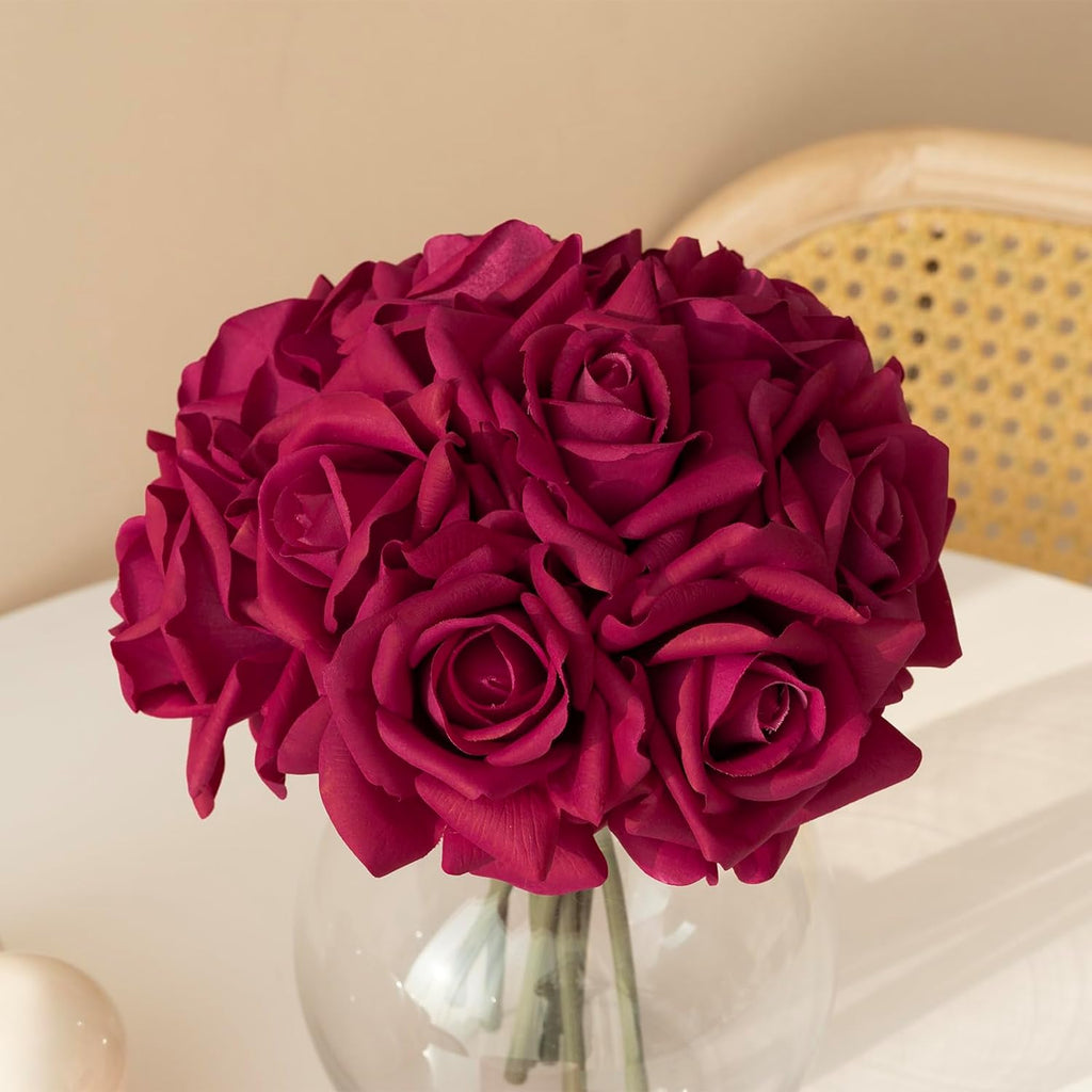 Artificial Roses Single Stem 10pcs Fake Silk Flower Arrangement Bouquet Real Touch for Home Party Wedding Decoration(Rose red)