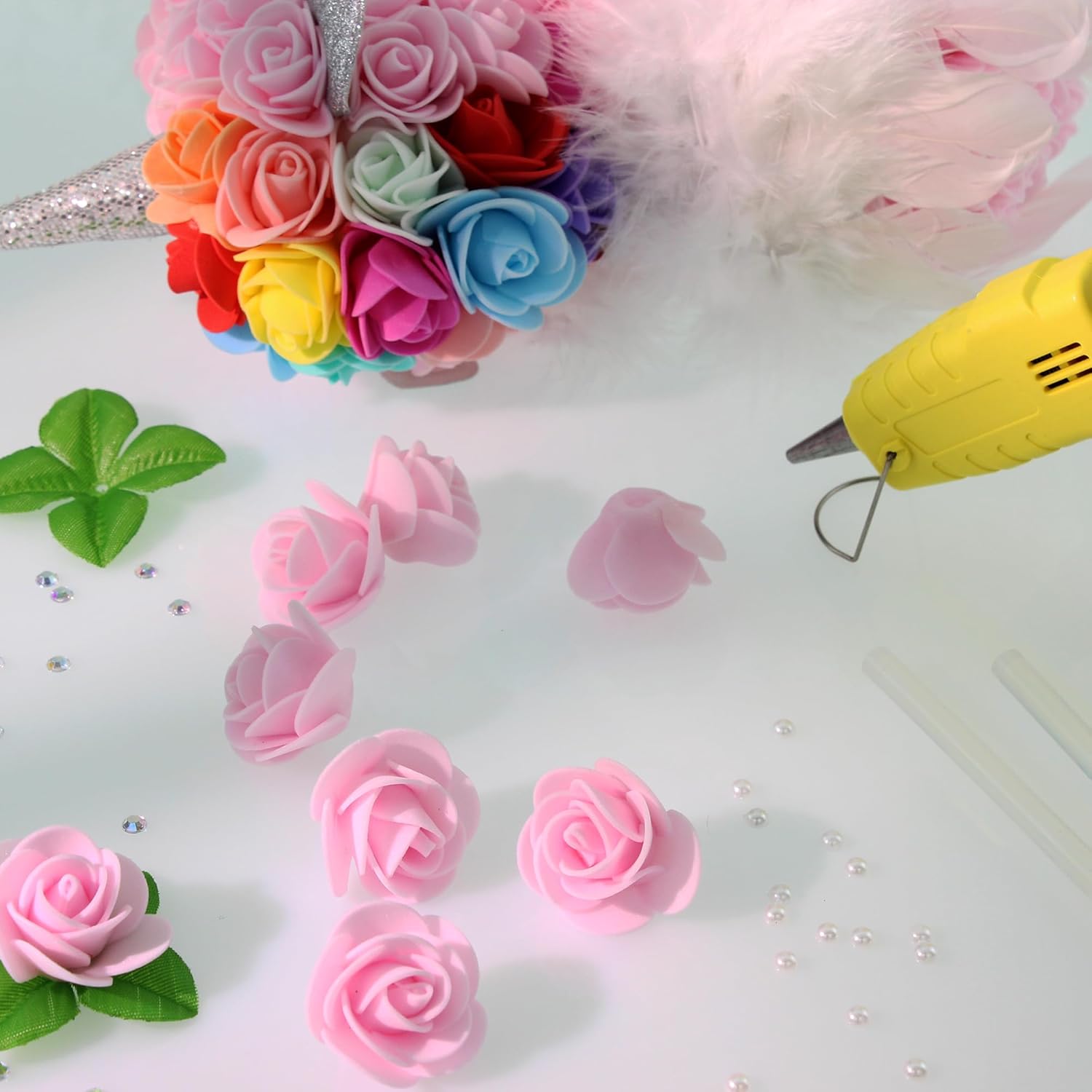 500 Pcs 1.4 Inch Mini Artificial Flowers Head Bulk 5 in 1 Set Faux Foam Fake Small Rose Tiny Baby Flores Bouquet Cake Gift Home Decoration DIY Craft (Light Pink)