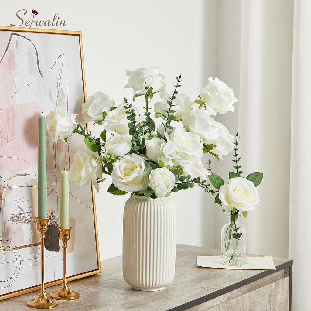 Serwalin 20PCS Artificial White Roses, 4'' Big Flower Head, Ivory Silk Roses, Velvet Fake Roses Bouquet Long Stem Roses for Home Decor Wedding and Table Centerpiece