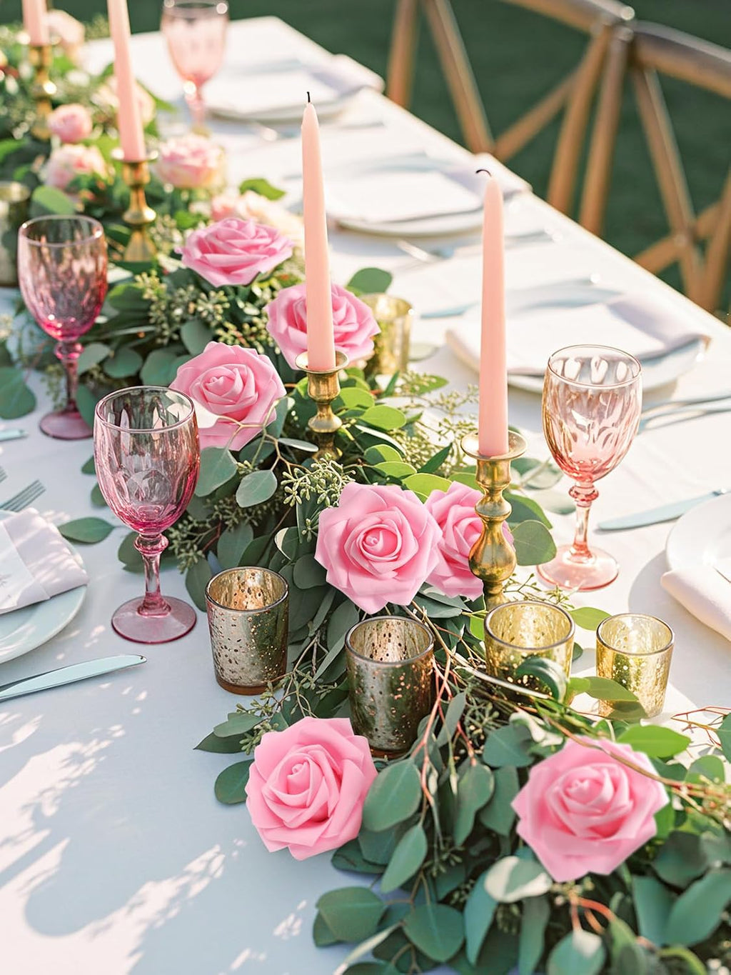 N&T NIETING Artificial Flowers Pink Roses, 25Pcs Fake Flowers Foam Roses with Stems for DIY Wedding Bridesmaid Bridal Bouquets Centerpieces Party Home Decoration Baby Shower