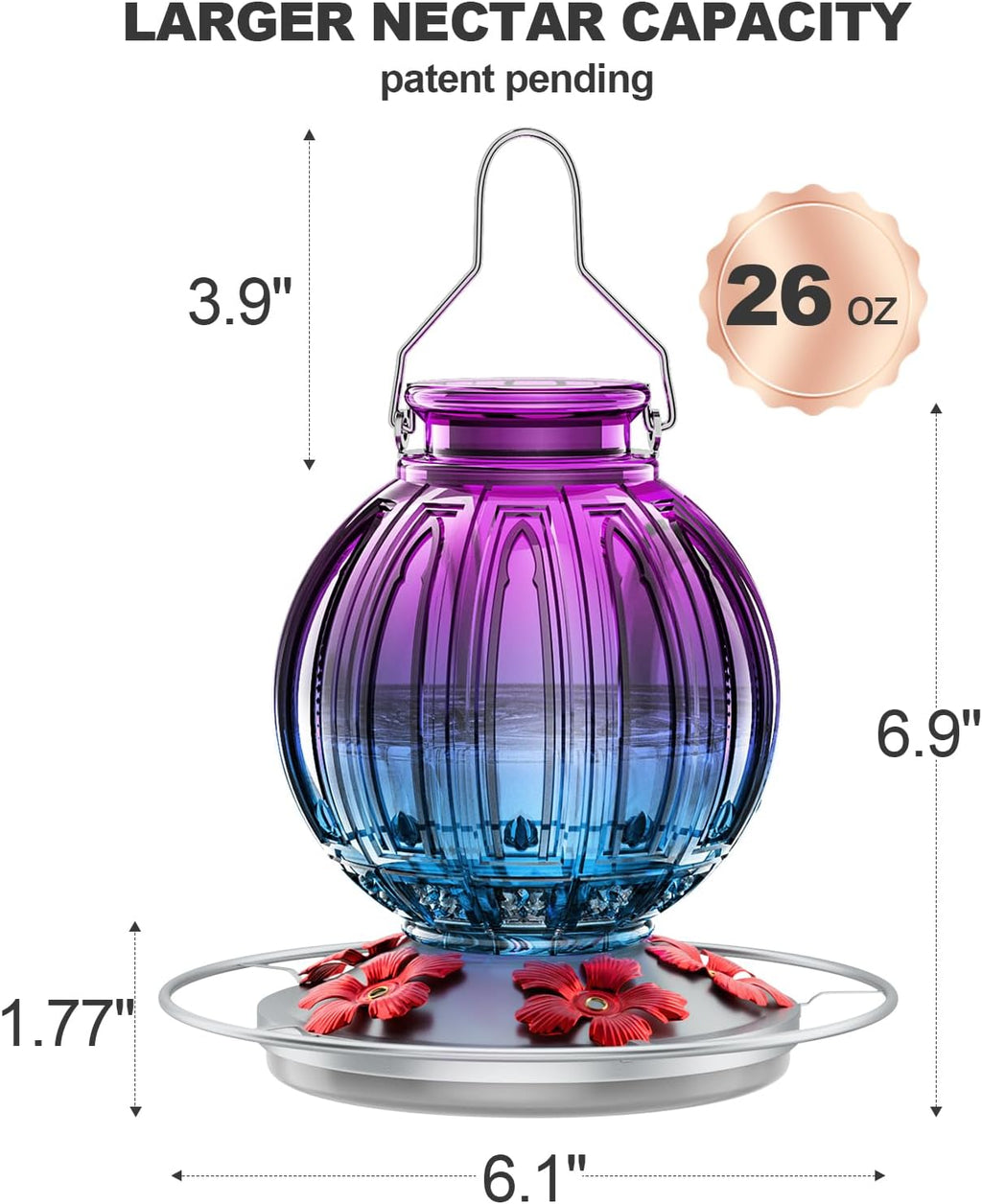 Glass Hummingbird Feeder for Outdoors Hanging, 26Oz Bird Nectar Feeder with Perch & 5 Flower Feeding Ports, Leak Proof for Outside Garden Decor Backyard, Gifts for Women Mom, Purple Blue