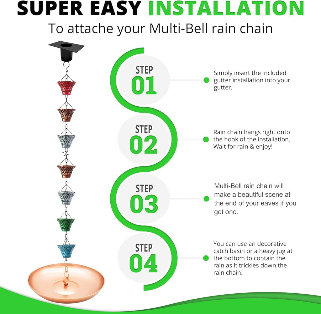 3FT Multicolor Bell Rain Chains for Gutter and Rain Barrel | Rust-Resistant Plated Garden Décor Rain Chain for Downspout | Rain Chain Extension 3 Ft (no Adapter)