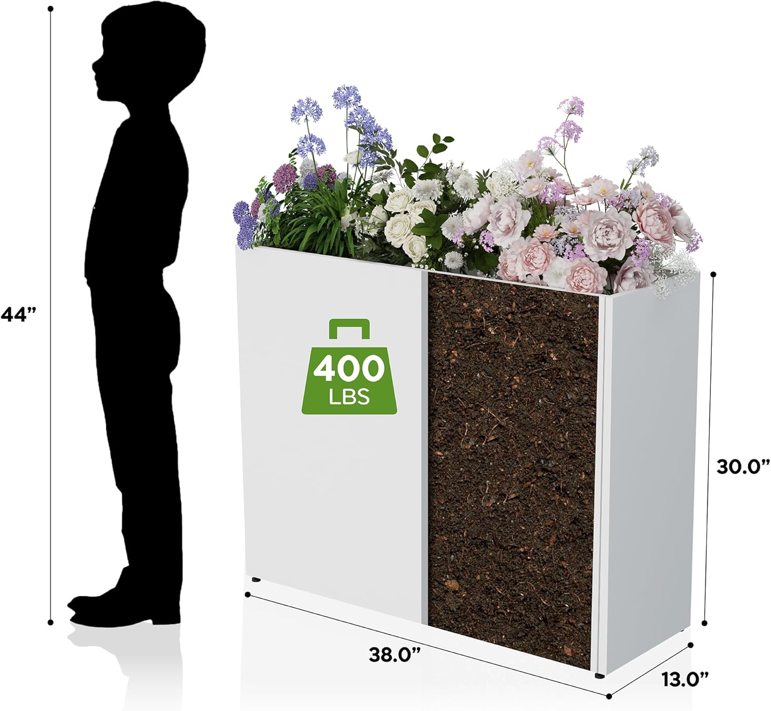 Tall Metal Planter for Outdoor Plants,38"Lx13"Wx30"H All-Weather Durable Plant Box,Large Rectangular Planter with Drainage Holes & Removable Shelf,Modern Decor for Tall Small Plants, Trees, Flowers