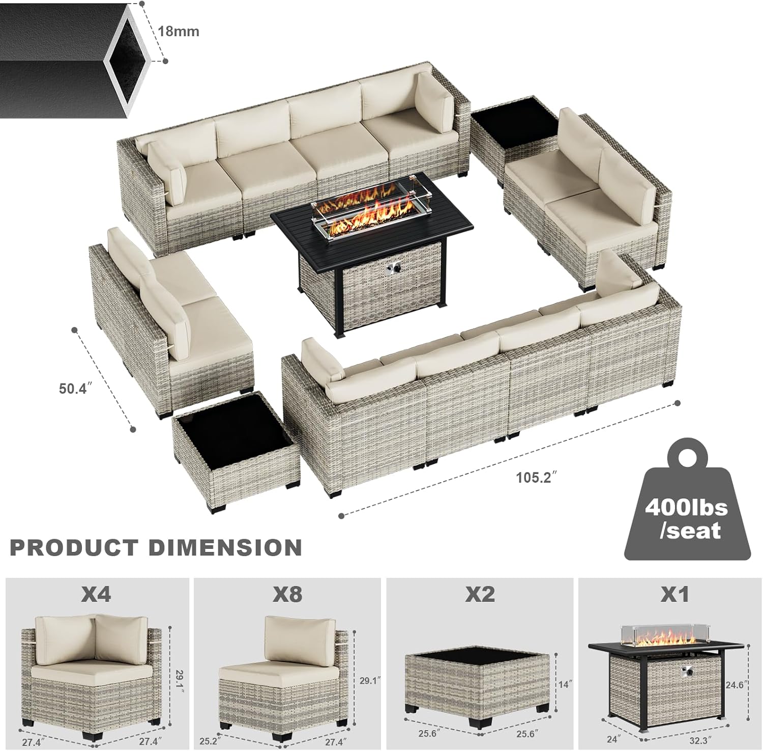 15-Piece Patio Furniture Set, Outdoor Patio Furniture with 55,000 BTU Fire Pit Table, Thick Cushions, Modular Patio Sofa, Dual-Strand Wicker Rattan, Rust-Resistant Frame, Ivory